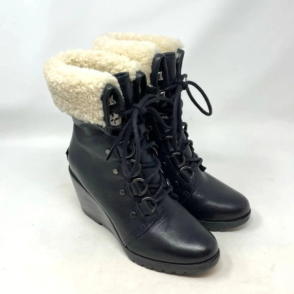Sorel After Hours Lace Shearling Boot Black Leather Wedge Size US 6